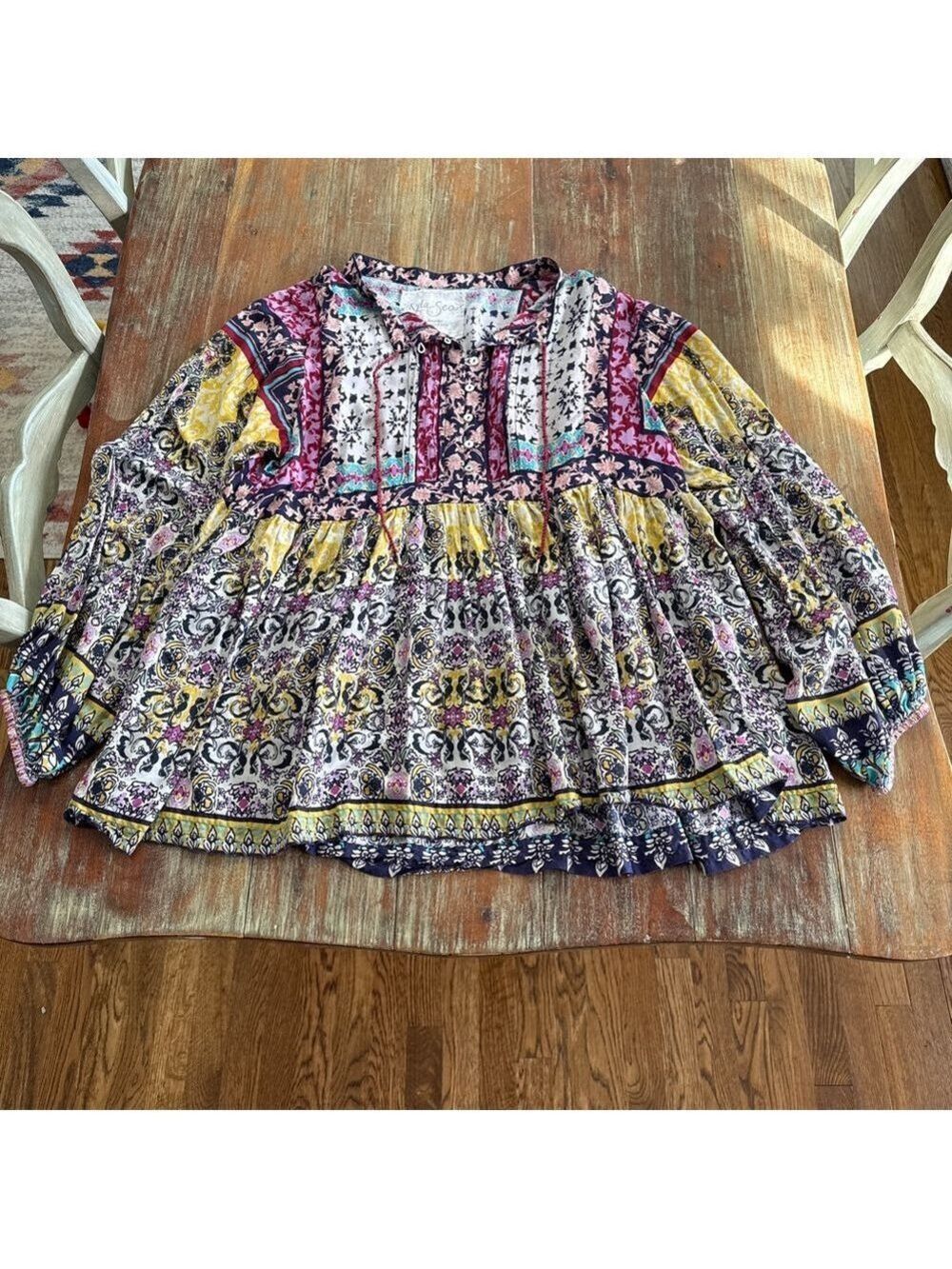 Kyla Seo Patchwork Print Tunic Blouse Boho Large